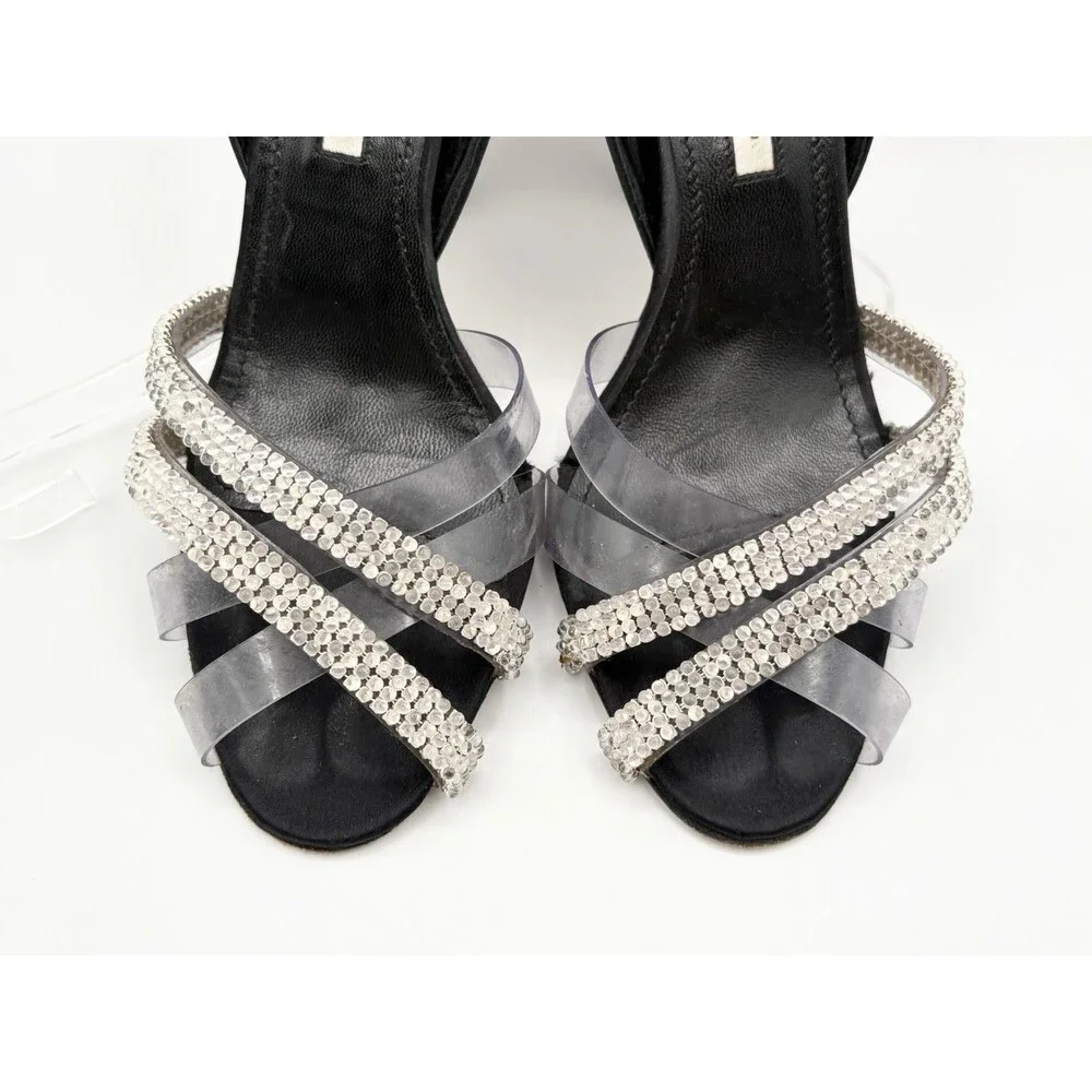 Manolo Blahnik Black Satin & Rhinestone Cross Strap Heels Size EU 38.5